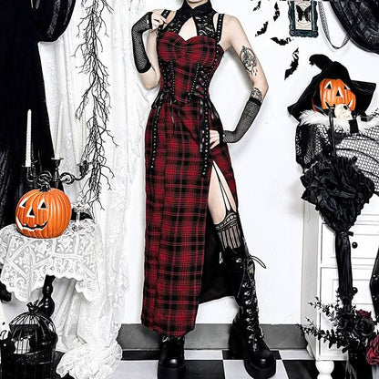 Hollow out plaid print lace up lace slit cut out midi dress