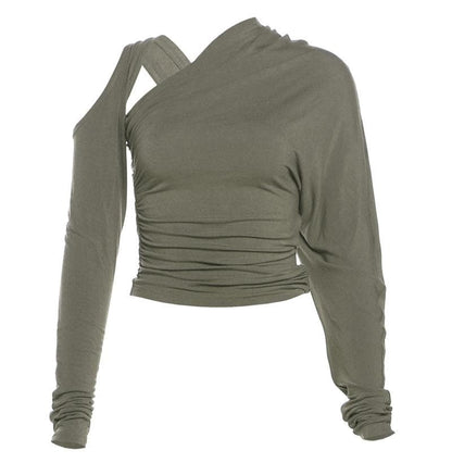 Long sleeve irregular hollow out ruched solid cut out top
