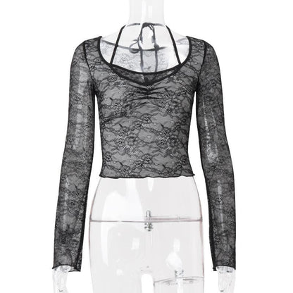 Long sleeve halter lace ruched see through top