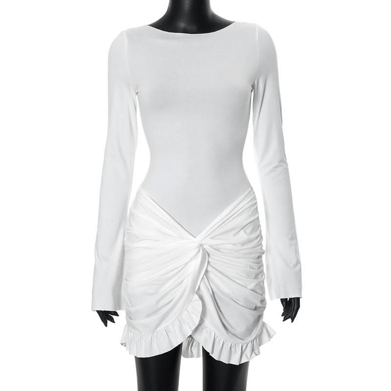 Long sleeve crewneck ruched mini dress