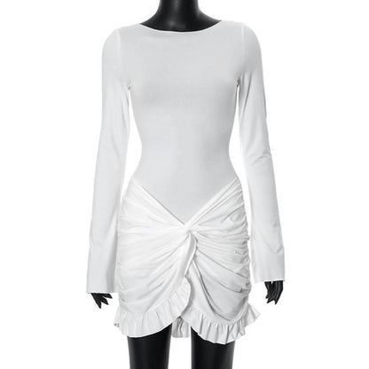 Long sleeve crewneck ruched mini dress