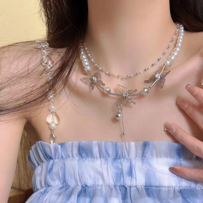 Layered faux pearl butterfly decor choker necklace