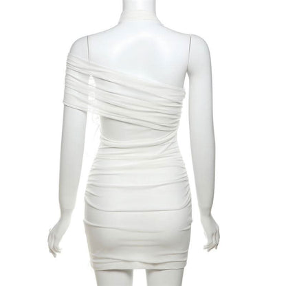 Halter flower applique mesh mini dress