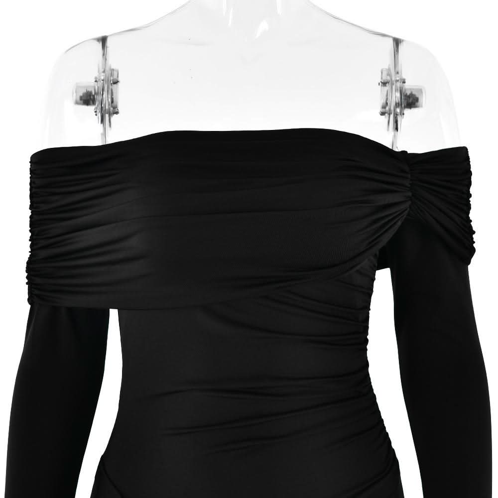 Off shoulder long sleeve ruched self tie maxi dress