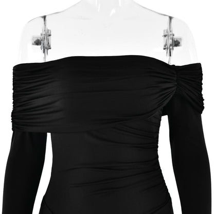 Off shoulder long sleeve ruched self tie maxi dress