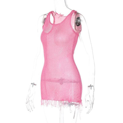 Sleeveless u neck tassels knitted mini dress