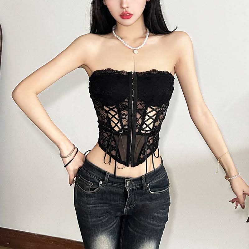Lace hollow out lace up button tube cut out top