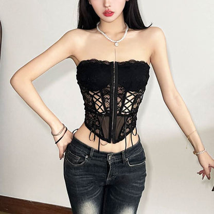 Lace hollow out lace up button tube cut out top
