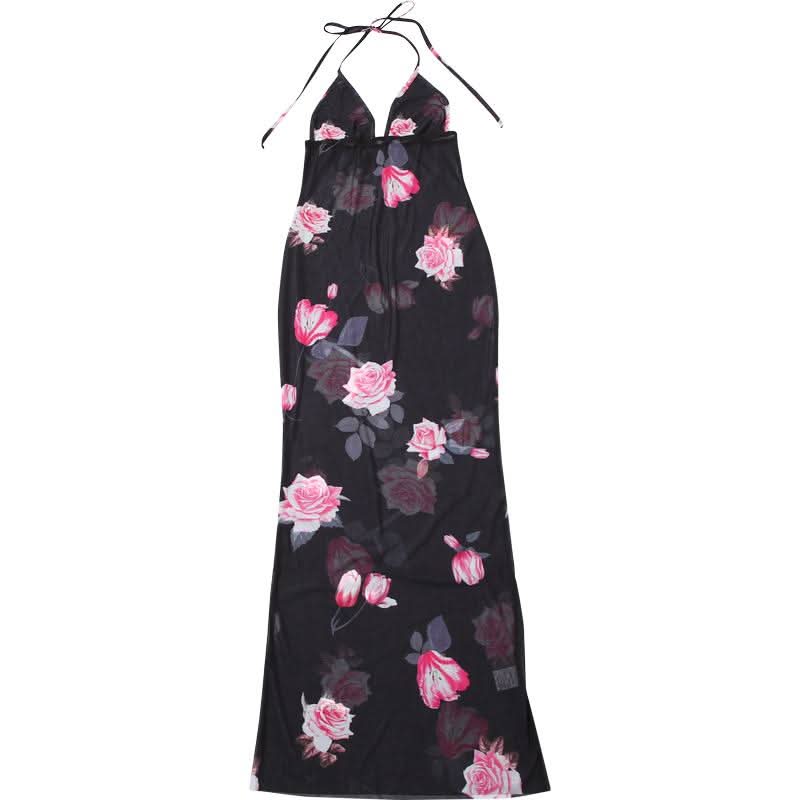 Halter v neck flower print see through maxi dress