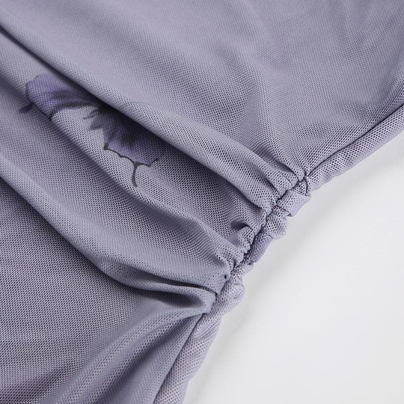 Butterfly print cowl neck ruched mesh cami mini dress