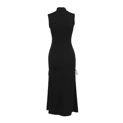 Zip-up high slit lace up see through high neck midi dress
