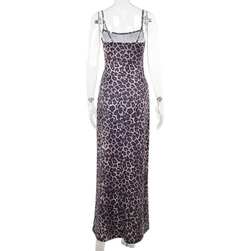 Leopard print square neck backless cami maxi dress