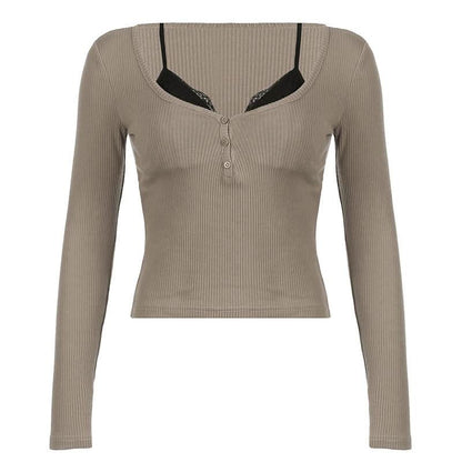 Long sleeve lace hem patchwork button top