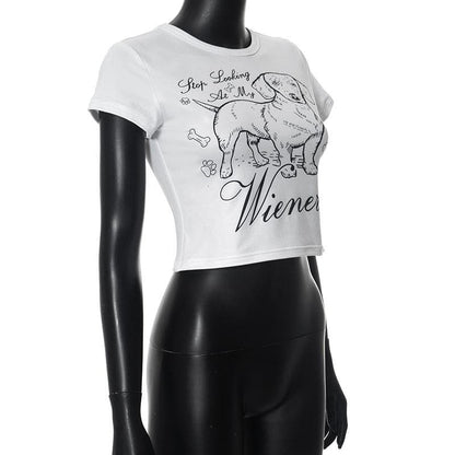 Crew neck short sleeve dog print crop top