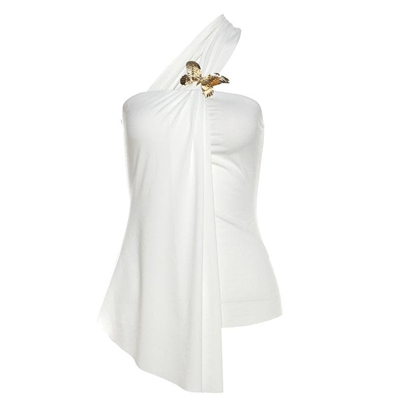 One shoulder chiffon butterfly applique irregular top