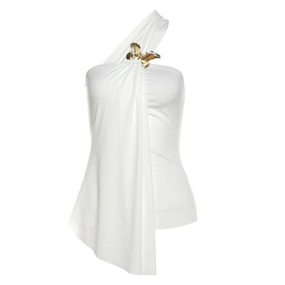 One shoulder chiffon butterfly applique irregular top