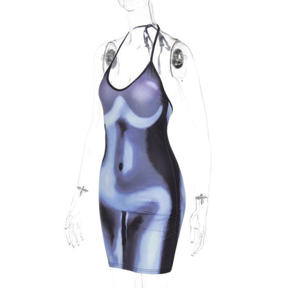 Abstract Body Print Halter Neck Self Tie Backless Mini Dress