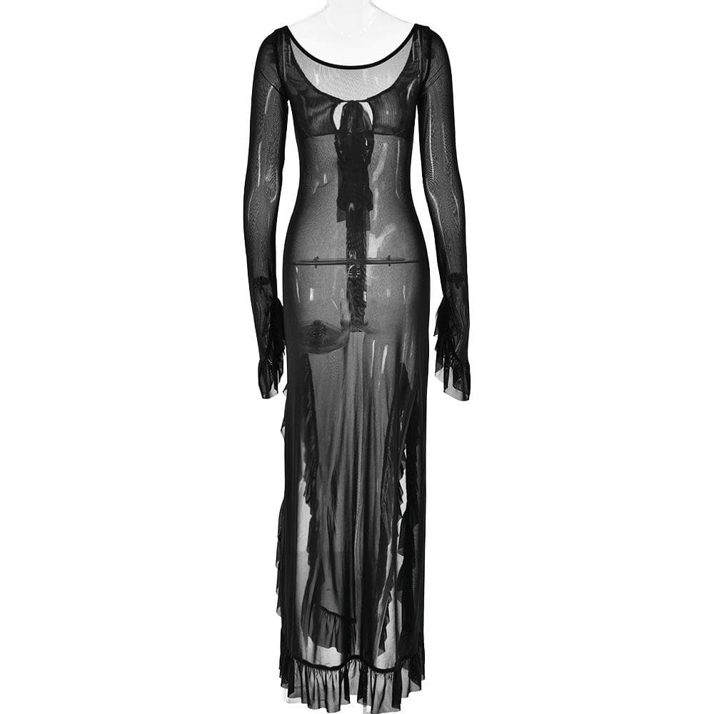 Long flared sleeve sheer mesh ruffle slit maxi dress