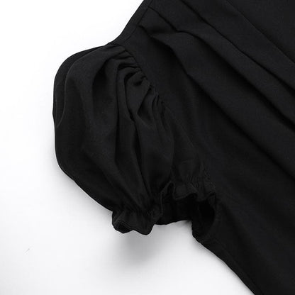 Short puff sleeve ruffle v neck self tie mini dress