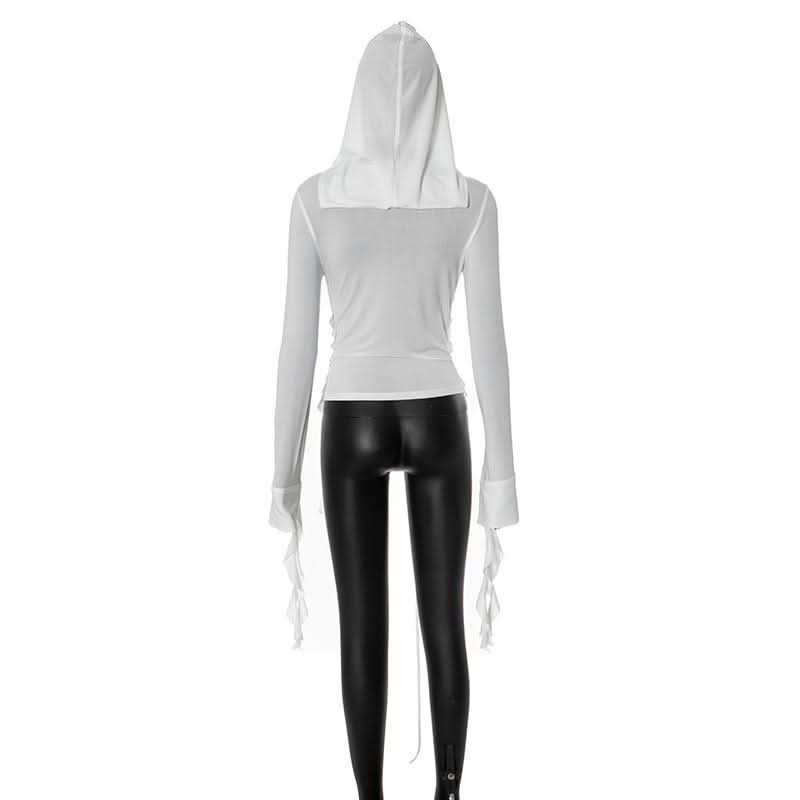Hoodie long sleeve tassels self tie top