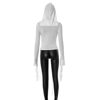 Hoodie long sleeve tassels self tie top