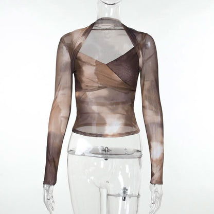 Long sleeve tie dye mesh top