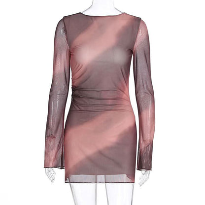 Long sleeve self tie crewneck sheer mesh print mini dress