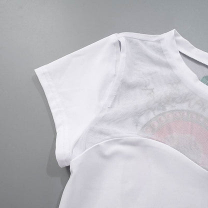 Crewneck short sleeve hollow out mesh print cut out top