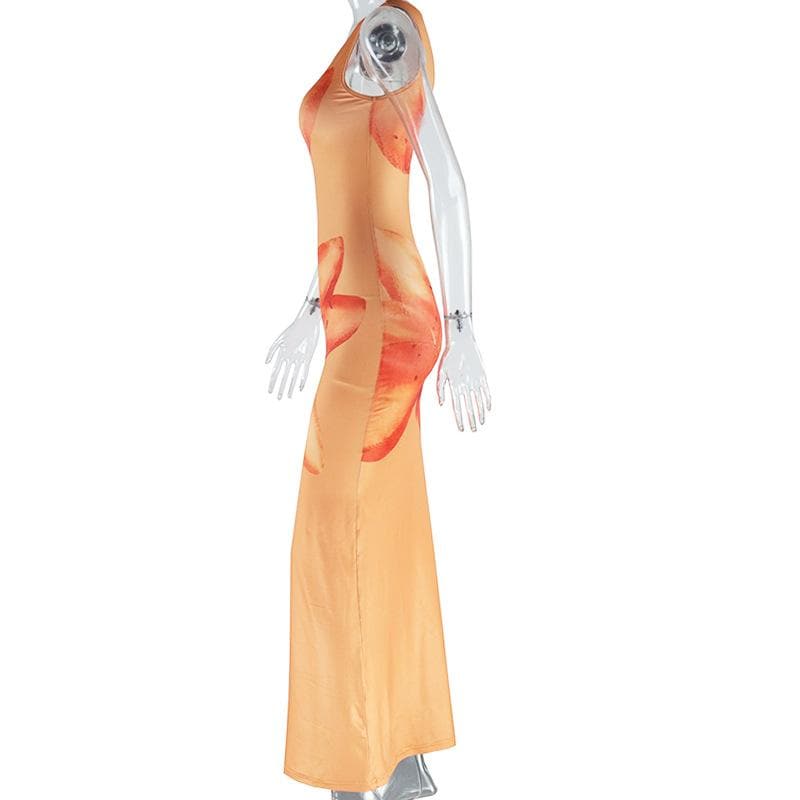 Flower print u neck sleeveless tank maxi dress