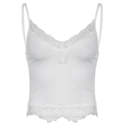Ribbed hem lace V neck solid cami top