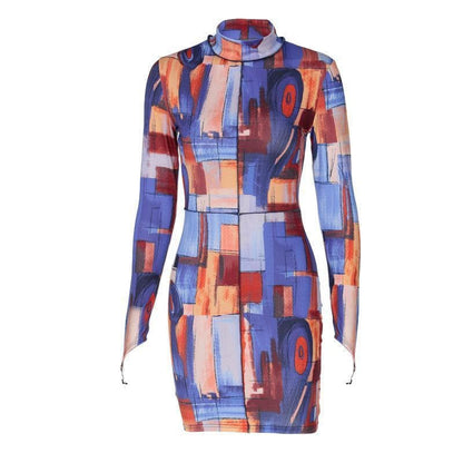 High neck printed mini dress