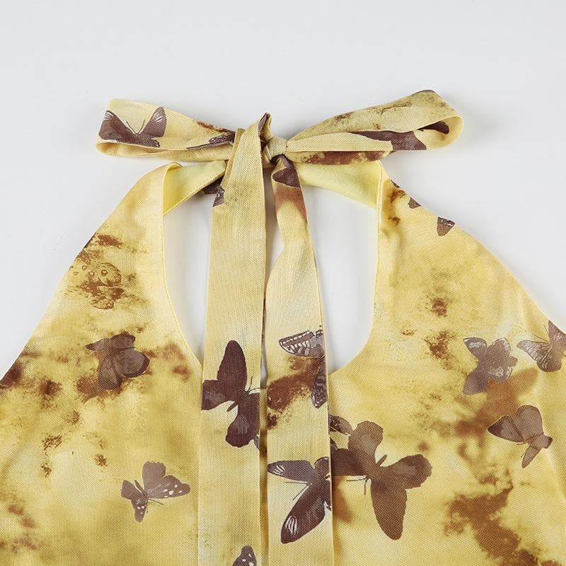 Halter butterfly print ruffle irregular midi dress