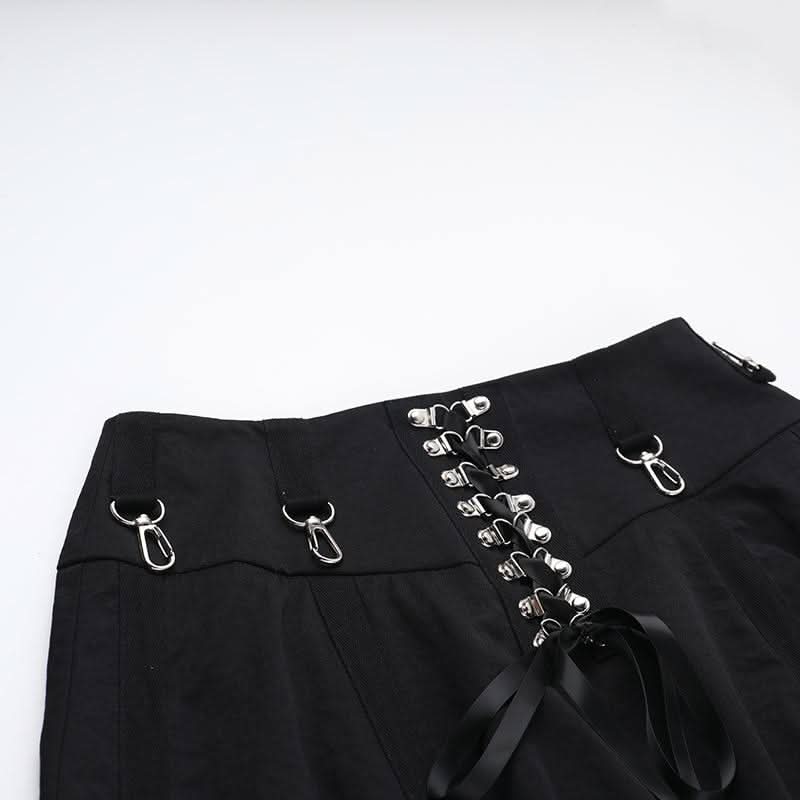 Lace up buckle ribbon zip-up ruffle solid midi skirt