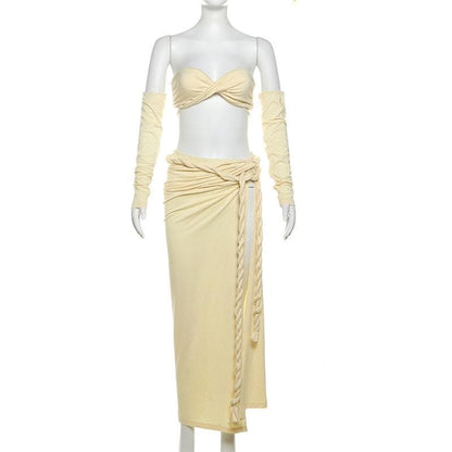 Gloves one shoulder high slit self tie maxi skirt set-final-sale