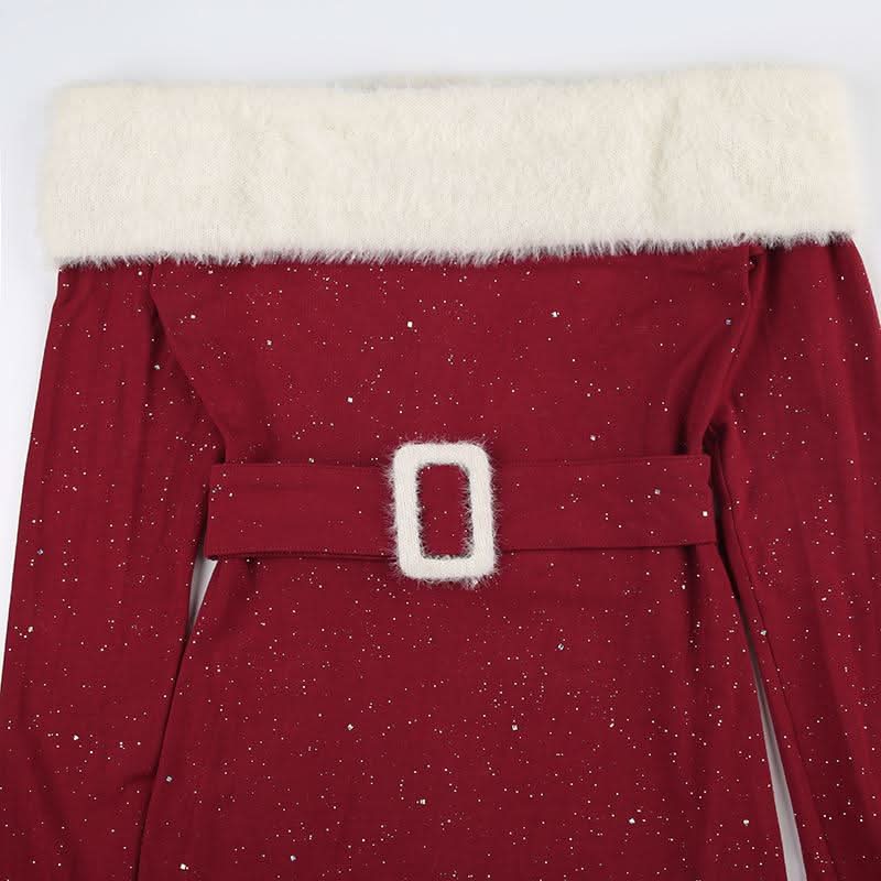 Off shoulder long sleeve beaded fluffy belt mini dress