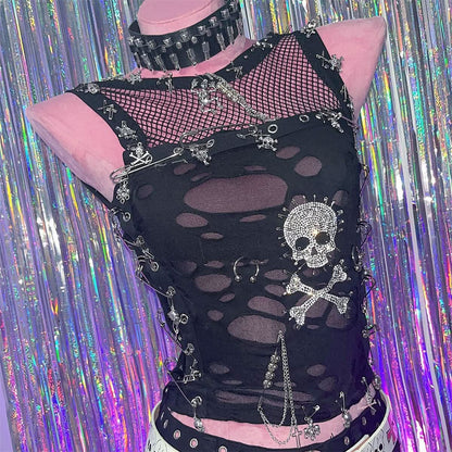 Beaded metal chain skull applique fishnet crewneck top