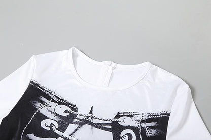 Short sleeve crewneck body print zip-up jumpsuit