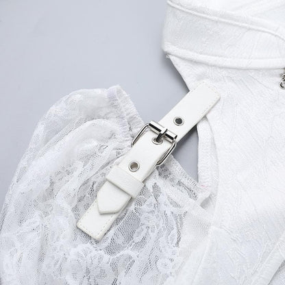 Long flared sleeve lace buckle shrug top