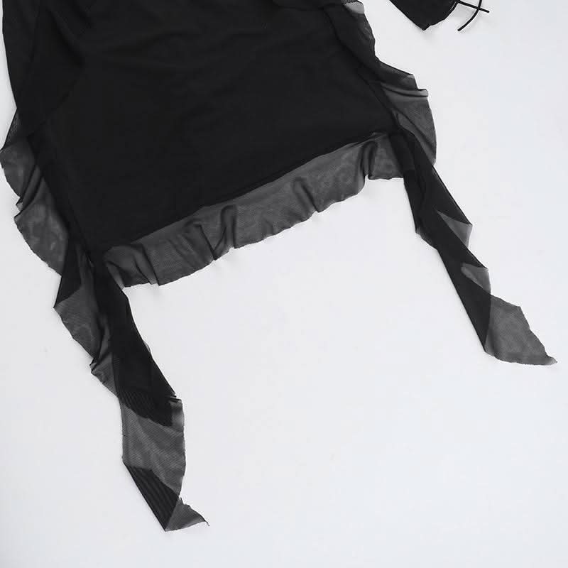 Long sleeve lace up ruffle self tie mesh mini dress
