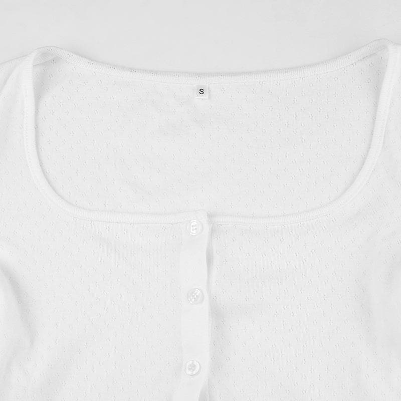 Button ruffle long sleeve lace hem textured solid 2 piece top