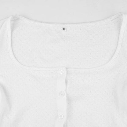 Button ruffle long sleeve lace hem textured solid 2 piece top