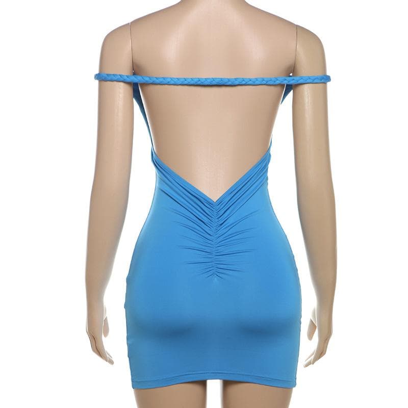 Off shoulder ruched backless solid mini dress