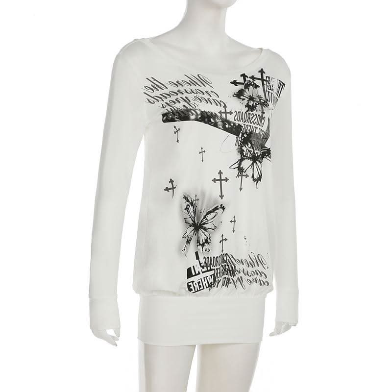 Long sleeve butterfly print backless top