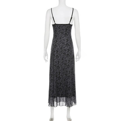 Lace hem mesh ruffle backless cami midi dress