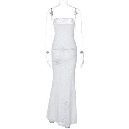 Lace see through solid tube maxi dress-final-sale