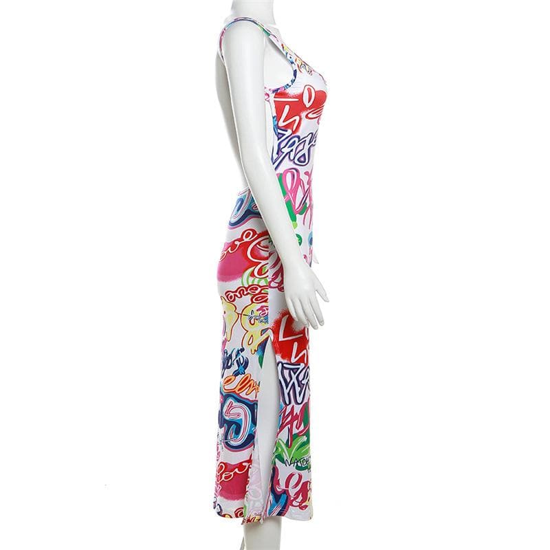 Graffiti Print Sleeveless Scoop Neck Bodycon Trumpet Hem Midi Dress