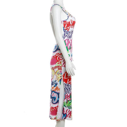 Graffiti Print Sleeveless Scoop Neck Bodycon Trumpet Hem Midi Dress