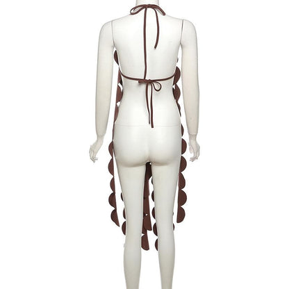 Halter self tie backless irregular hollow out solid cut out top
