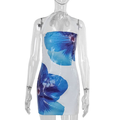 Halter flower print zip-up mini dress