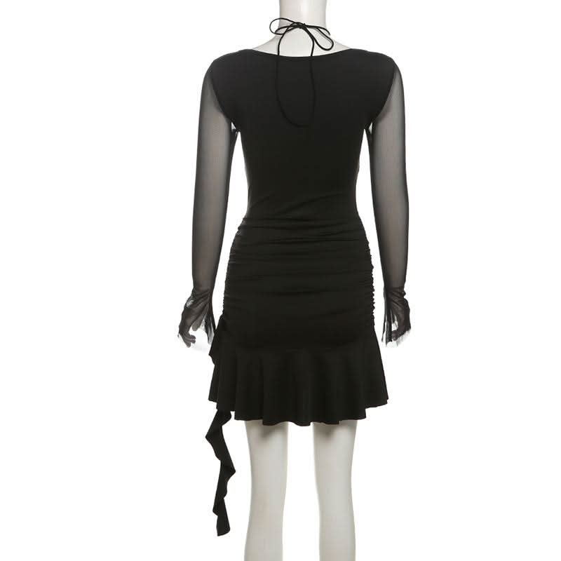 Long sleeve halter mesh ruched ruffle mini dress
